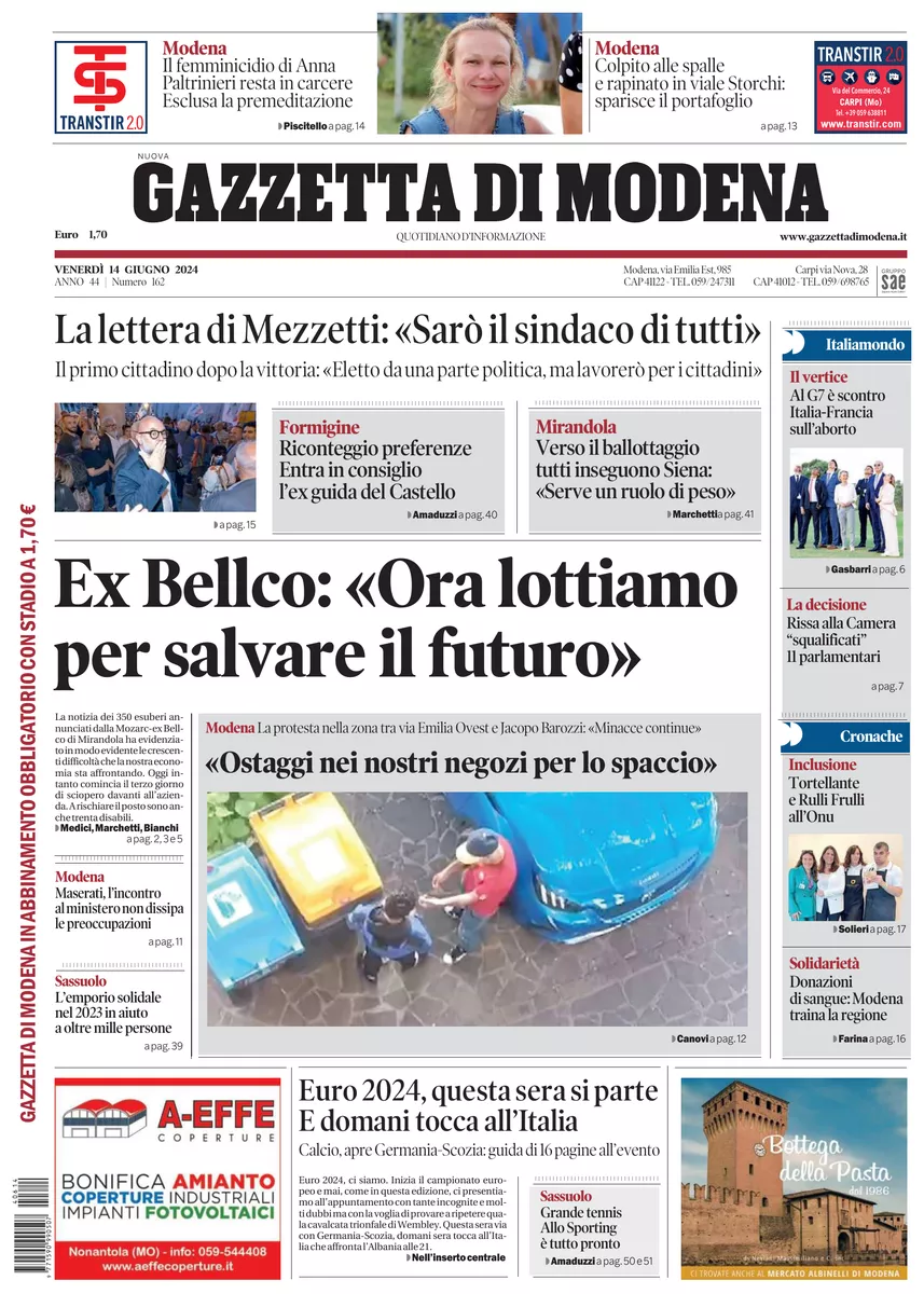 Prima-pagina-gazzetta di modena-oggi-edizione-del-2024-06-14